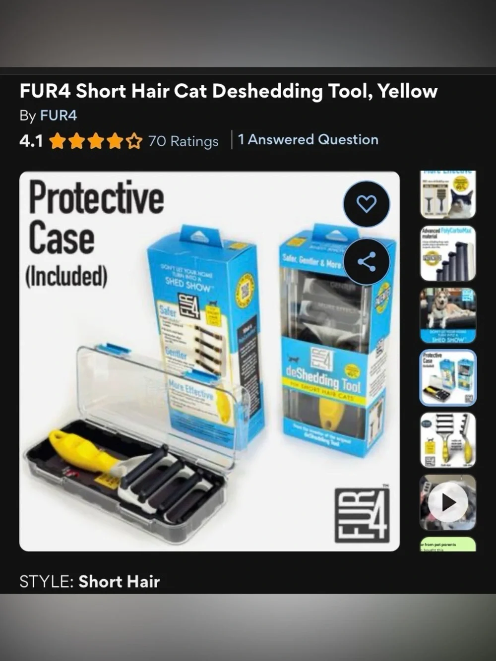 EUC FUR4 Short Hair Cat Deshedding Tool, Yellow